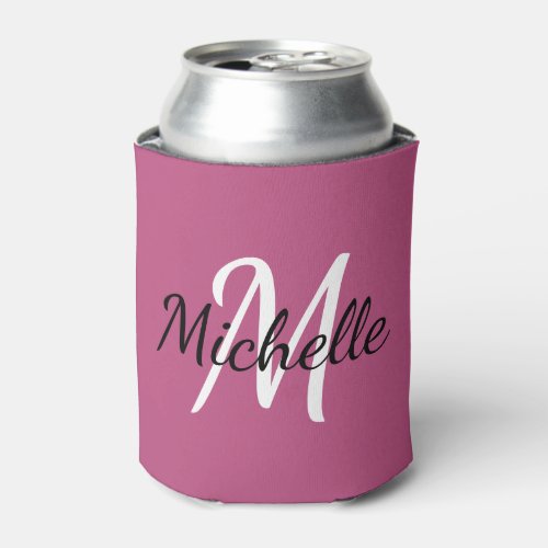 Cute Girly Pink  White Monogrammed Template Can Cooler
