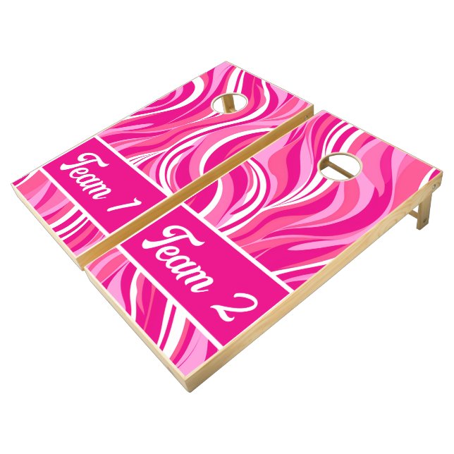 Cute Girly Pink White Retro Swirl Cornhole Set (Angled)
