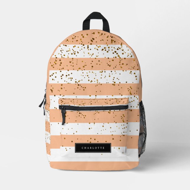 Cute Girly Pink & White Stripes Gold Glitter Printed Backpack (Front)