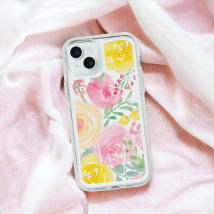 Cute girly pink yellow floral watercolor monogram speck iPhone 12 case