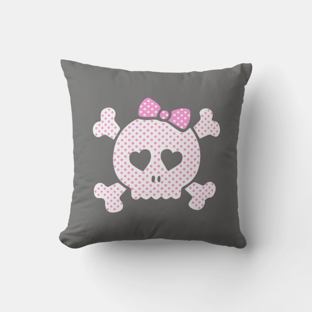 Cute Girly Polka Dot Skull Pink Black Throw Pillow (Front)