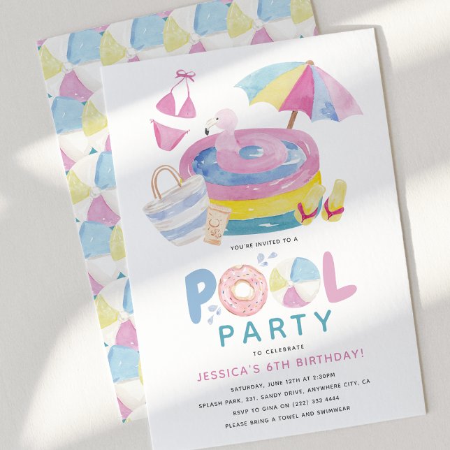 Cute Girly Pool Party Birthday Invitation (Cute Girly Pool Party Birthday Invitation)