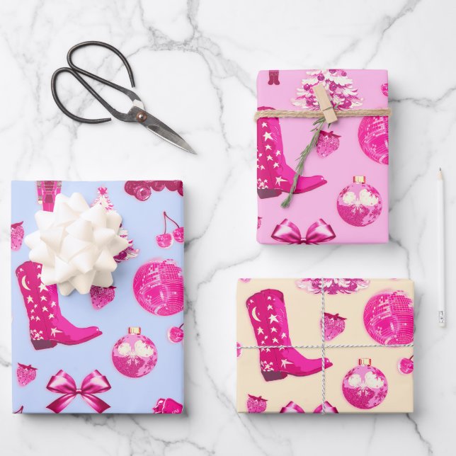 Cute Girly Preppy Pink Christmas Blue Beige Wrapping Paper Sheets (Front)
