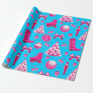 Cute Girly Preppy Pink Christmas on Blue Wrapping Paper