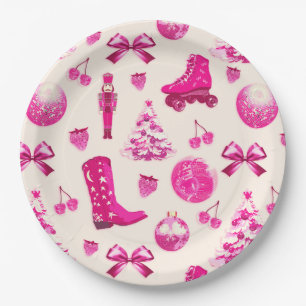 Cute Girly Preppy Pink Christmas Pattern Paper Plates