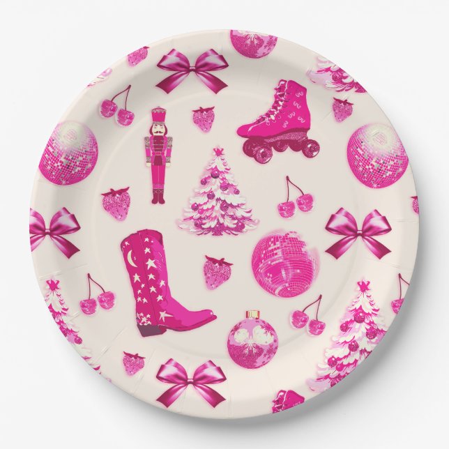 Cute Girly Preppy Pink Christmas Pattern Paper Plates (Front)