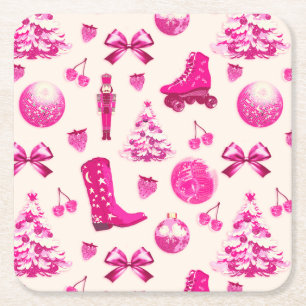 Cute Girly Preppy Pink Christmas Pattern Square Paper Coaster