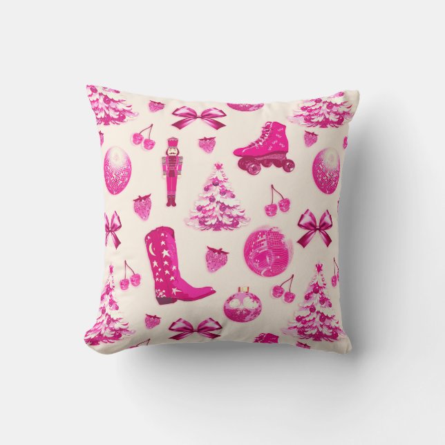 Cute Girly Preppy Pink Christmas Pattern Throw Pillow (Front)