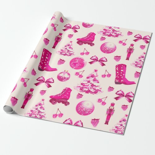 Cute Girly Preppy Pink Christmas Pattern Wrapping Paper