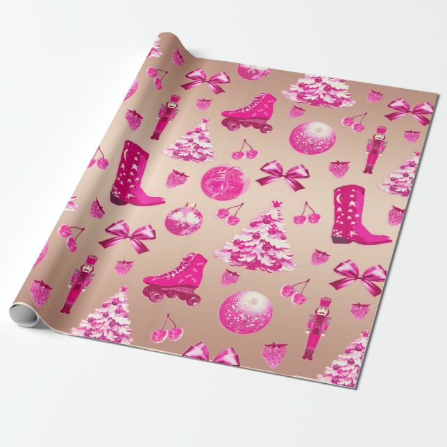 Cute Girly Preppy Pink Christmas Rose Gold Wrapping Paper (Unrolled)