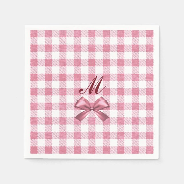 Cute Girly Preppy Pink Gingham Plaid Bow Monogram Napkins (Front)