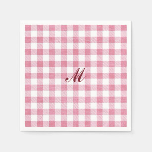 Cute Girly Preppy Pink Gingham Plaid Name Monogram Napkins