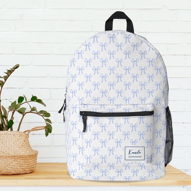 Cute Girly Pretty Blue Coquette Bows Monogram Printed Backpack (Creator Uploaded)