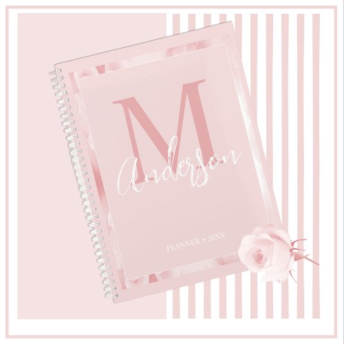 Cute Girly Pretty Blush Pink Floral Monogram Planner