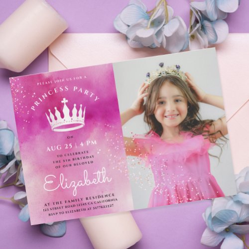 Cute Girly Princess Crown Pink Photo Watercolor   Invitation