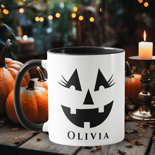 Cute Girly Pumpkin Face Custom Halloween Mug (Cute Girly Pumpkin Face Custom Halloween Mug - Just add your name!)