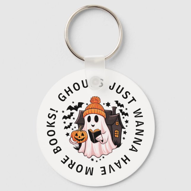 Cute Girly Pumpkin Ghost Book Lovers  Key Keychain (Front)