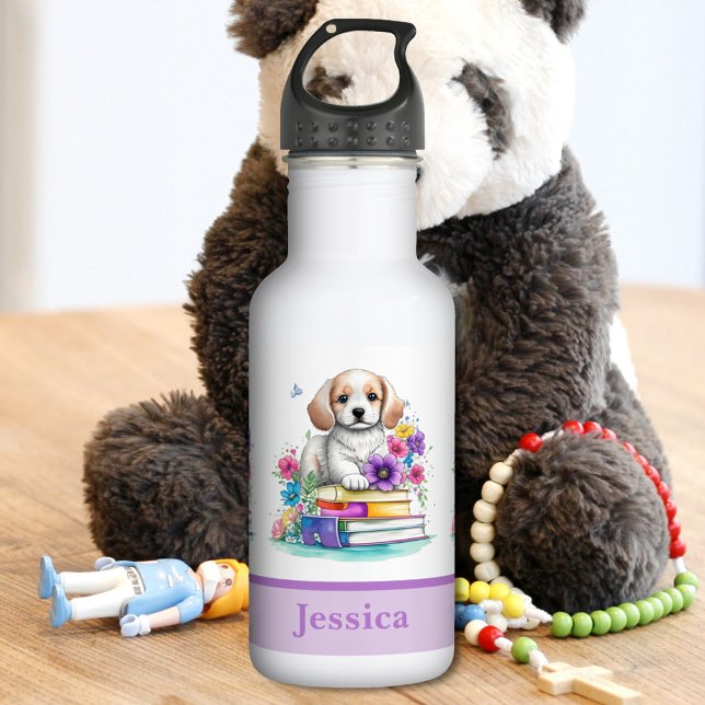 Cute Girly Puppy Books & Flowers Stainless Steel Water Bottle (Creator Uploaded)