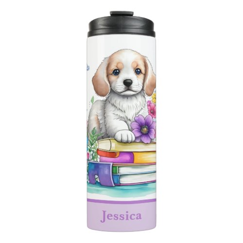 Cute Girly Puppy Books  Spring Flowers Thermal Tumbler