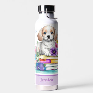 Cute Girly Puppy Books & Spring Flowers Water Bottle