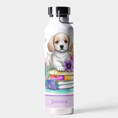 Cute Girly Puppy Books  Spring Flowers Water Bottle