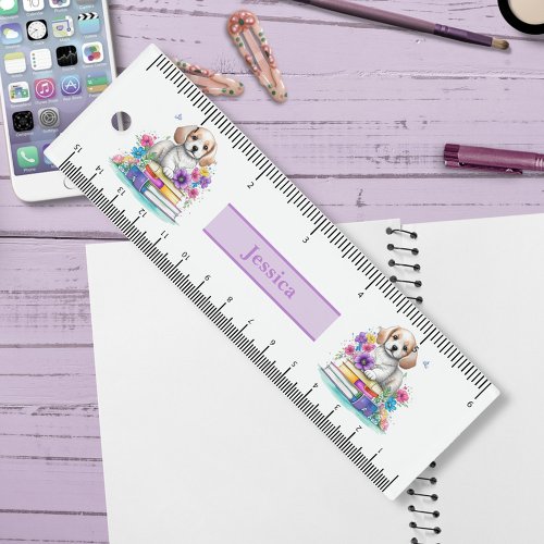 Cute Girly Puppy Sitting on Books and Flowers   Ruler