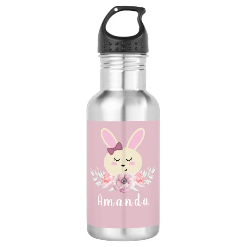 Cute Girly Purple Bunny Rabbit Floral Kids Stainless Steel Water Bottle