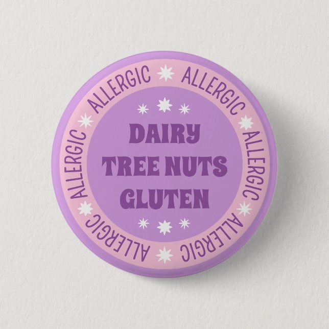 Cute Girly Purple Emergency Contact Food Allergy Button (Front)