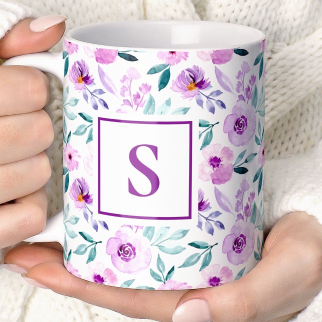 Cute Girly Purple Floral Flowers Monogram Coffee Mug (Creator Uploaded)