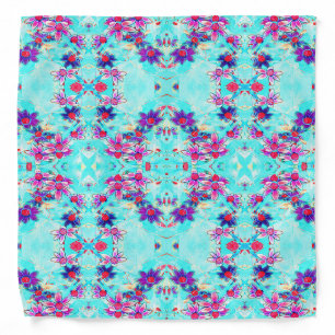 Cute Girly Purple Flower Pattern on Aqua Blue Bandana