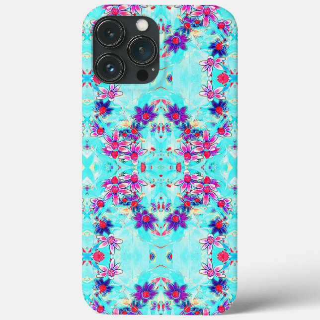Cute Girly Purple Flower Pattern on Aqua Blue Case-Mate iPhone Case (Back)