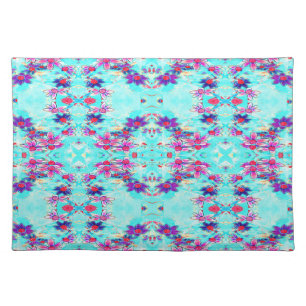 Cute Girly Purple Flower Pattern on Aqua Blue Cloth Placemat