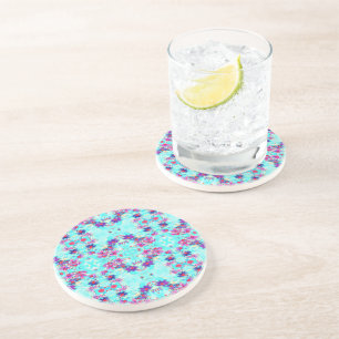 Cute Girly Purple Flower Pattern on Aqua Blue Coaster