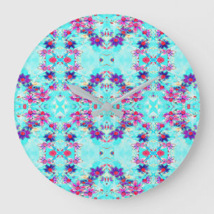 Cute Girly Purple Flower Pattern on Aqua Blue Large Clock