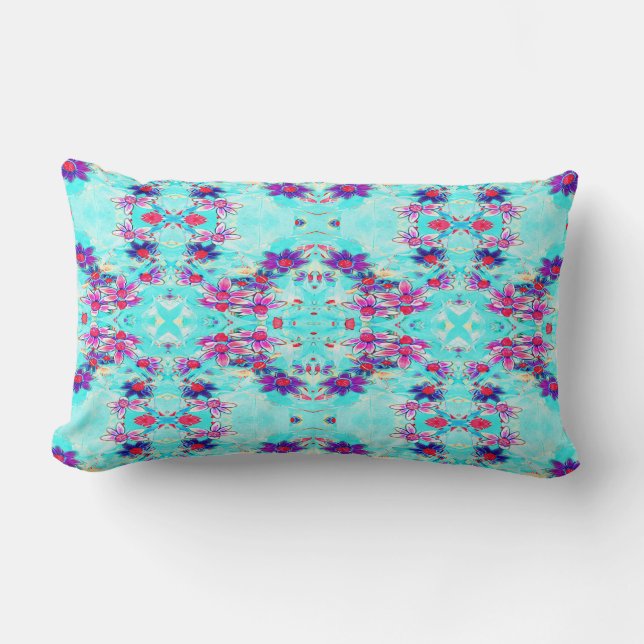 Cute Girly Purple Flower Pattern on Aqua Blue Lumbar Pillow (Front)