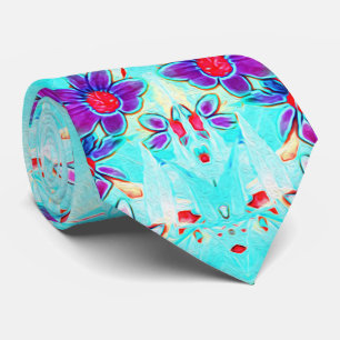 Cute Girly Purple Flower Pattern on Aqua Blue Neck Tie
