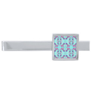 Cute Girly Purple Flower Pattern on Aqua Blue Silver Finish Tie Bar