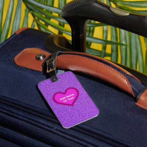 Cute Girly Purple Glitter Pink Heart Custom Kids Luggage Tag