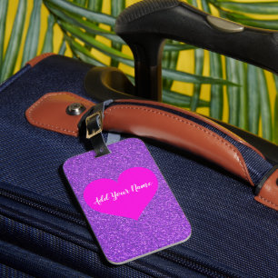 Cute Girly Purple Glitter Pink Heart Custom Text Luggage Tag