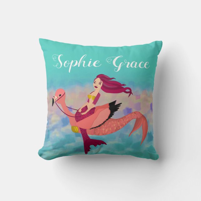 Cute Girly Purple Mermaid and Pink Flamingo Throw Pillow (Front)