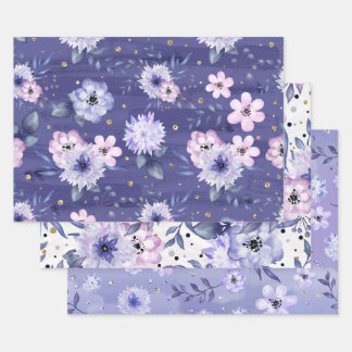 Cute Girly Purple Pink Floral Glitter Wrapping Paper Sheets