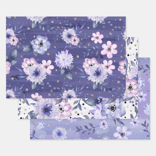 Cute Girly Purple Pink Floral Glitter Wrapping Paper Sheets (Set)