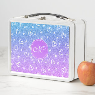 Cute Girly Purple Pink Glitter Hearts Monogrammed Metal Lunch Box