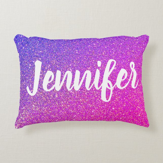 Cute Girly Purple Pink Glitter Ombre Personalized Accent Pillow (Front)
