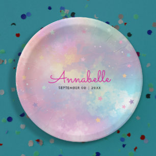 Cute Girly Purple Pink Holographic Sky Watercolor Paper Plates