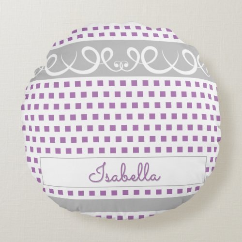 Cute Girly Purple Polka Dots  Swirls Script Name Round Pillow
