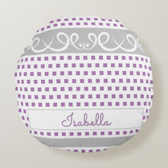 Cute Girly Purple Polka Dots & Swirls Script Name Round Pillow (Front)