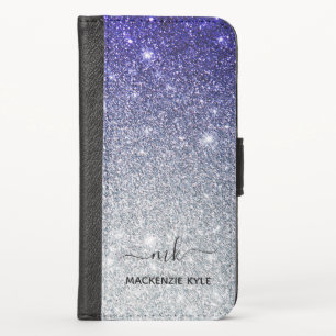 Cute Girly Purple Silver Ombre Glitter Monogram iPhone X Wallet Case