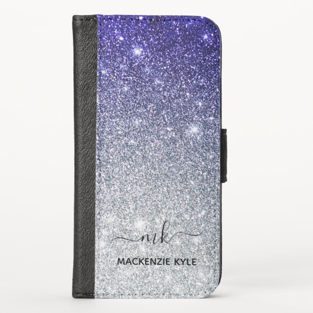 Cute Girly Purple Silver Ombre Glitter Monogram iPhone Wallet Case (Front)