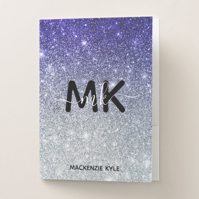 Cute Girly Purple Silver Ombre Glitter Monogram Pocket Folder (Front)